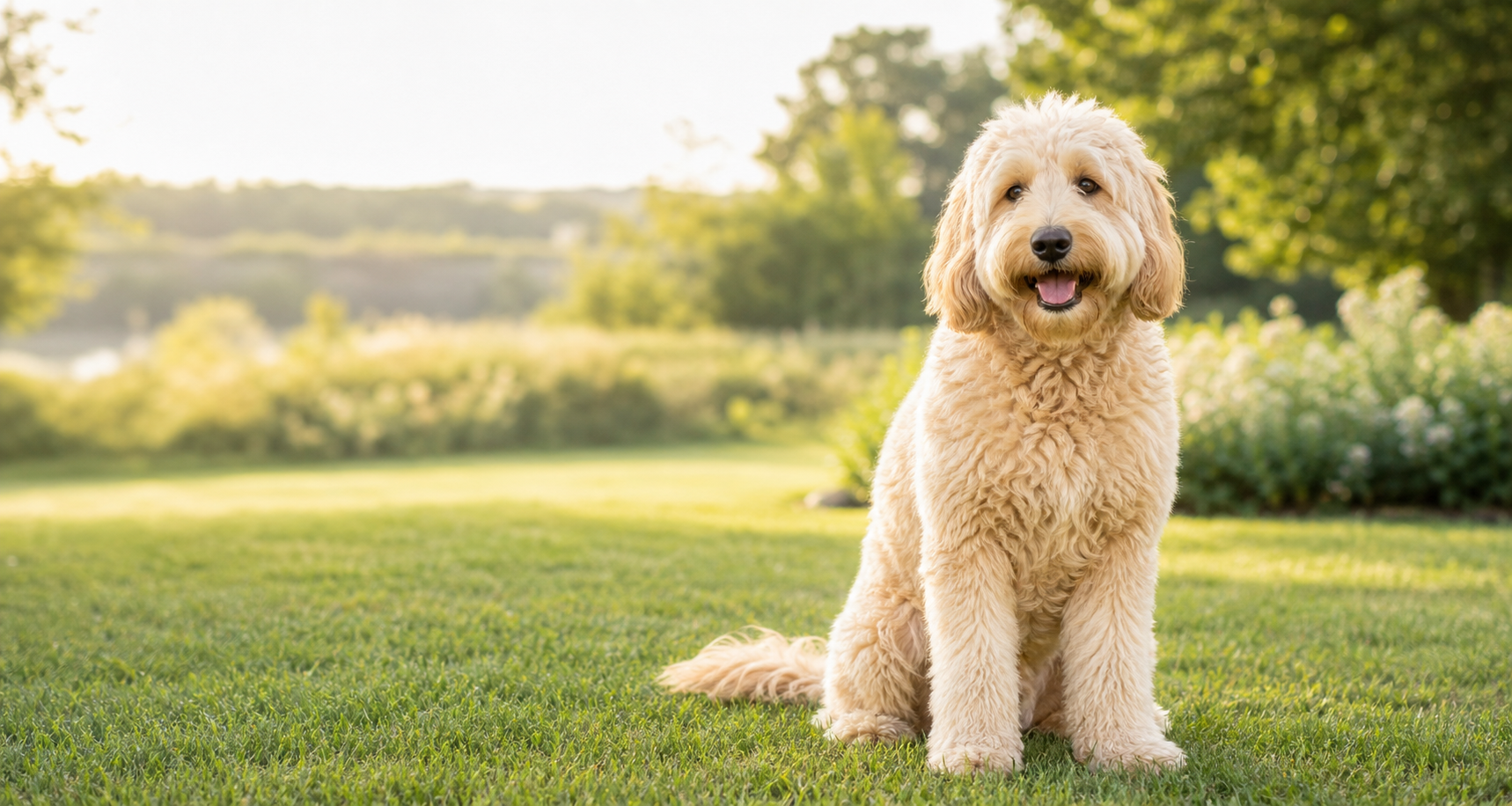 A happy cream doodle sitting in a sunlit green yard.