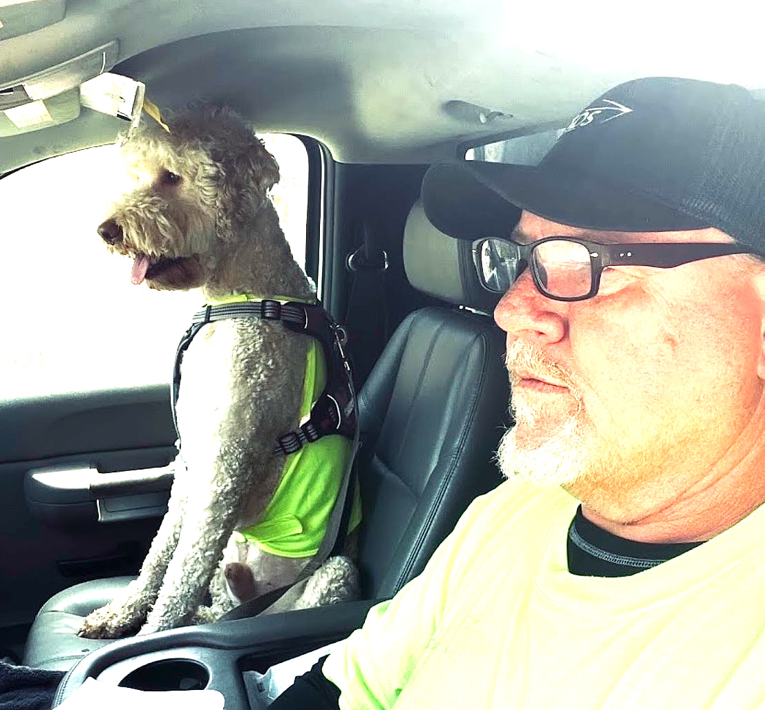 Copper riding shotgun in the truck, harnessed up next to his owner — the best friend who started it all.